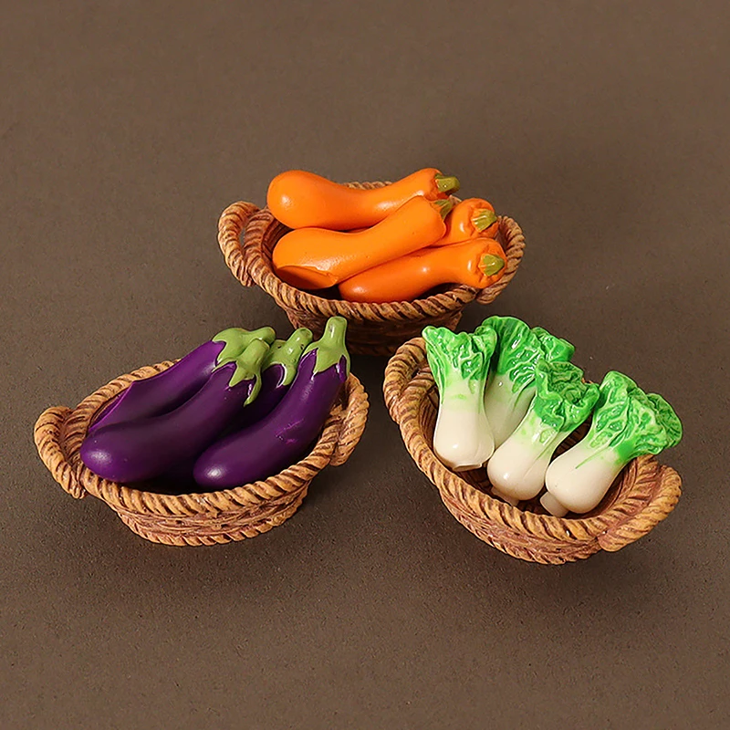 1:12 Mini Simulation Artificial Fruits and Vegetables Doll House Vegetable Bamboo Basket Miniature Accessories Pretend Play Toys