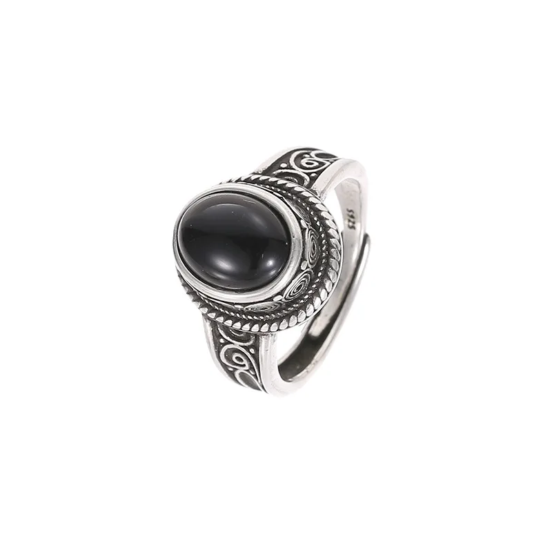 Korean Simple Ladies Ring Black Onyx Rings for Women 925 Sterling Silver Vintage Statement Ring Popular Wedding Jewelry