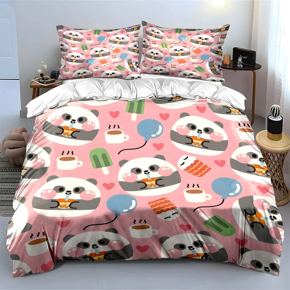 Cute pandas with bubble tea Pattern Duvet Cover Set Digital Print Colorful Polyester Bedding with Zipper Closur for kids gifts