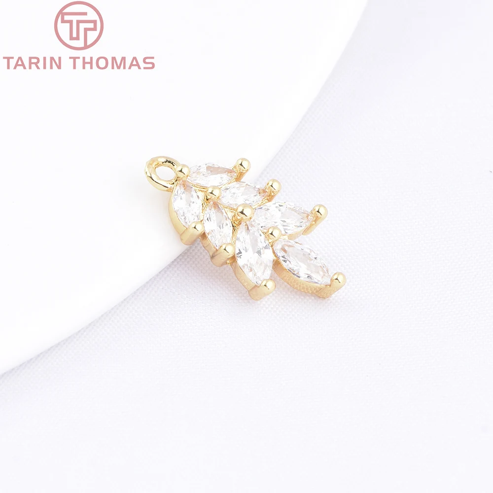 (7778) 6 Buah 10x17.5MM Warna Emas 24K Kuningan dengan Liontin Daun Zirkon Berkualitas Tinggi untuk Pembuatan Perhiasan DIY Aksesoris