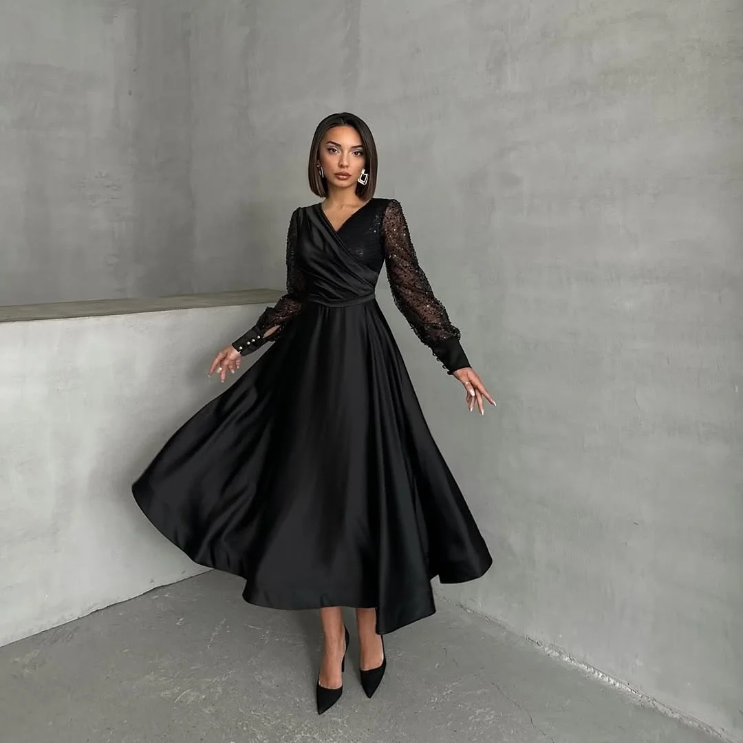 Clássico preto vestido de noite personalizado uma linha com decote em v mancha vestido de baile para festa elegante manga cheia miçangas vestido de gala