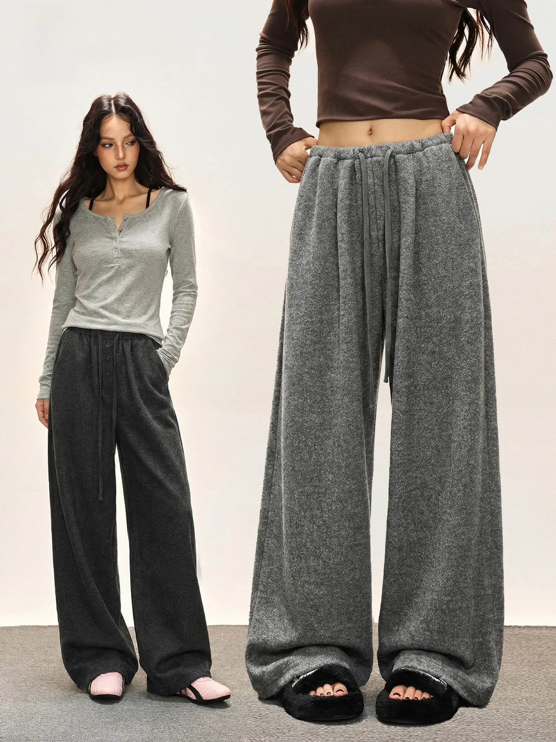 

Deep ey Fce Lined Wide Leg Pants Women's Winter Drapey Lazy Sle Casual Loose Trousers Dstring Straight Leg Sweatpants