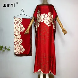 WINYI New Style Silk loose African Women Clothing Dubai Muslim Dashiki kaftan fashion Print Design With Scarf Loose beach dress