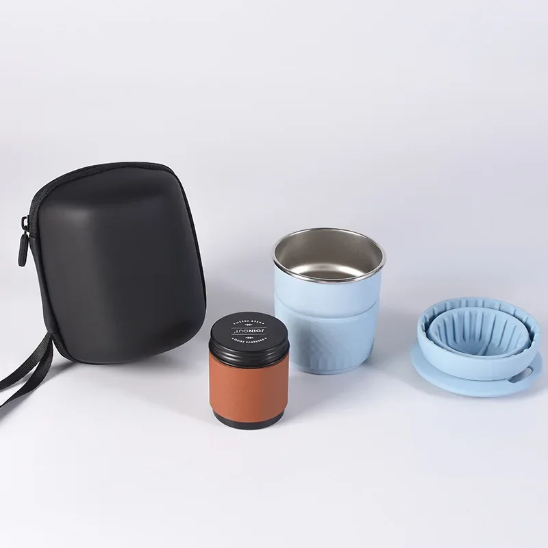 Travelling Hand Brewed Coffee Set,Outdoor Car Camping Cake Shape Silicone Filter Cups,Starter Set Gift,Stainless Steel Cup
