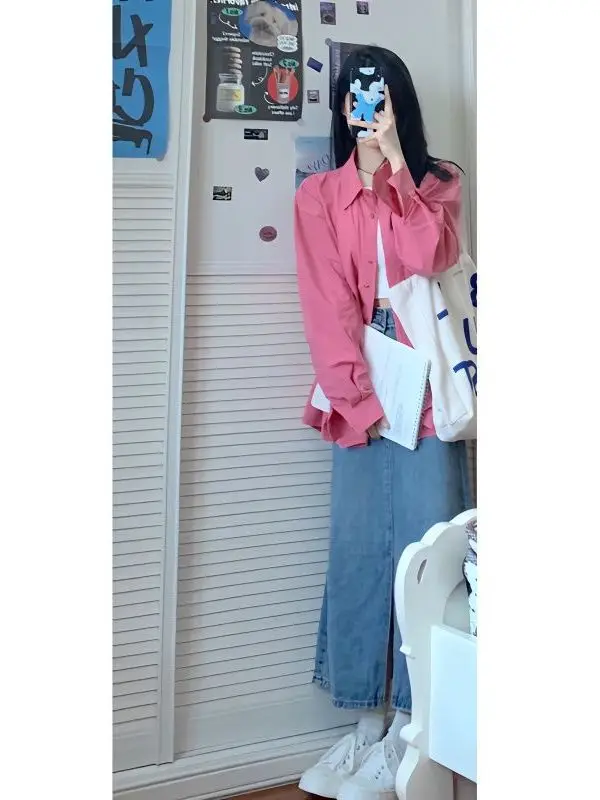 

Spring Casual Women's Korean Sle Lazy irt Coat Strap Combo Slimming Denim Skirt Tee-Piece Set Faionable Outfit