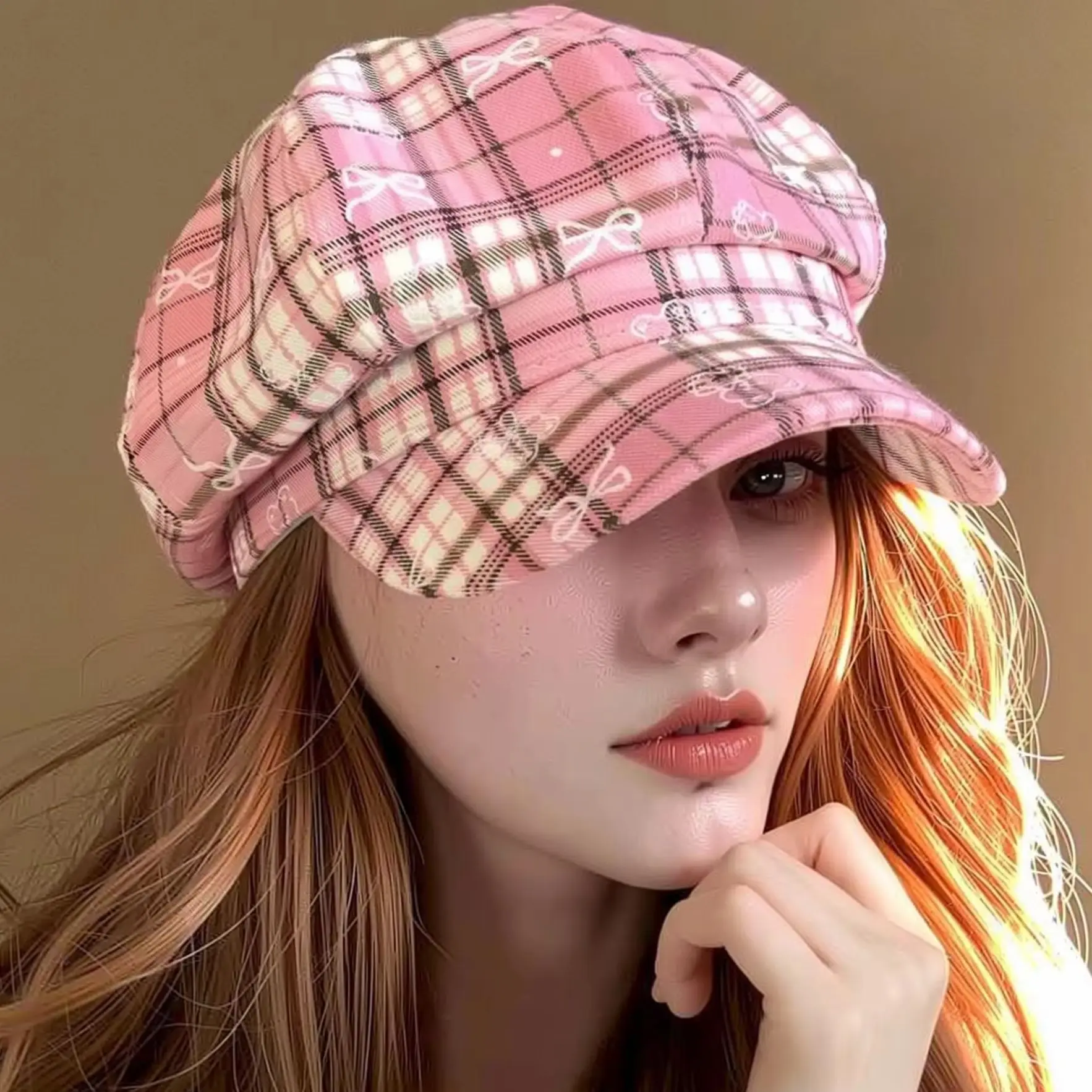 Checkered Octagonal Hat with Small Bowknot, Retro Newsboy Beret, Versatile Easy-match Cap, Autumn Winter Hat for Daily Street
