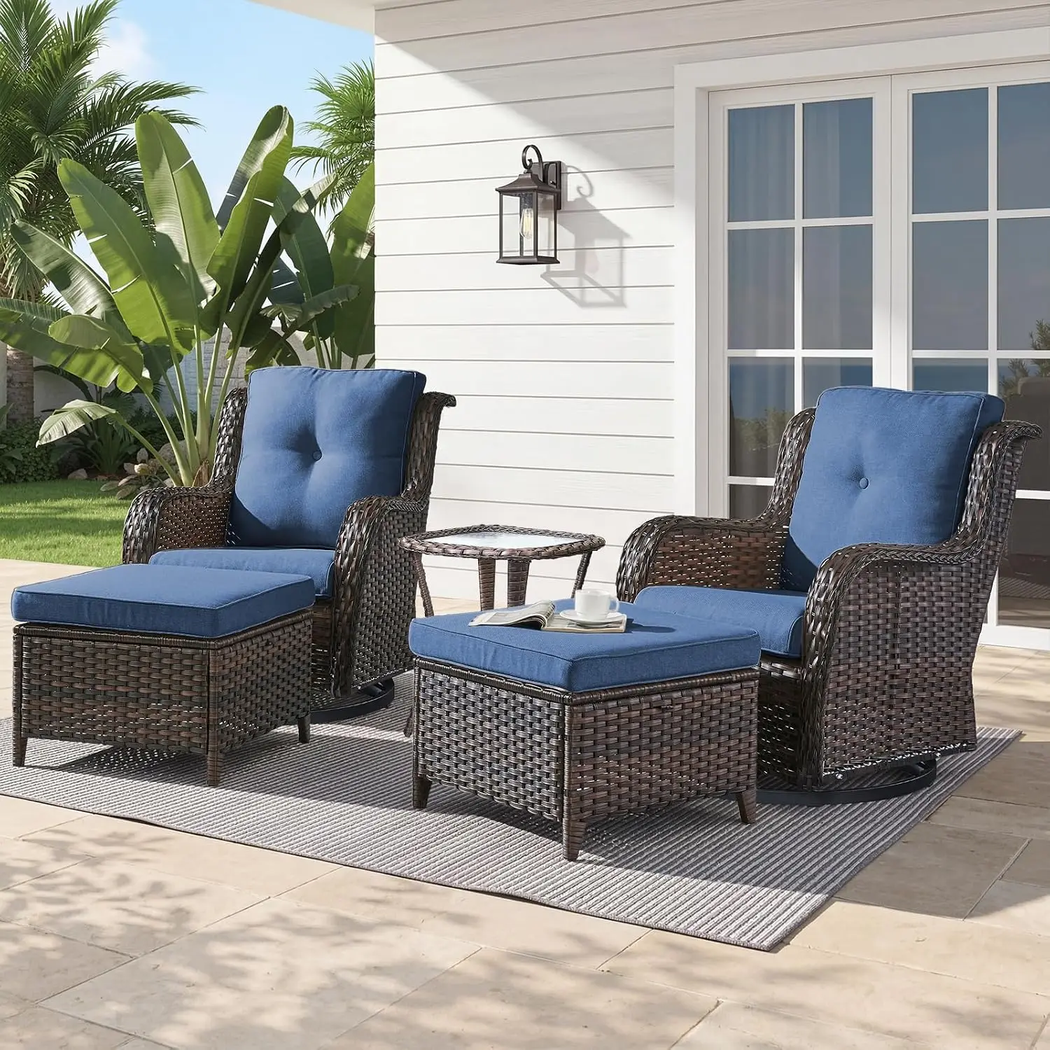 5-Piece Wicker Patio Set, Swivel Rocker Chairs with Ottomans & Table, All Weather for Porch Pool, Brown/Blue, Customized