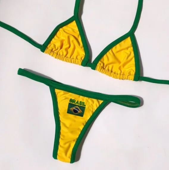 

Sexy Embroidery Brasil Flag Contrast Split Bikini Set Women Swimwear Patchwork Swimsuit Hottie Outfit Summer Beachwear