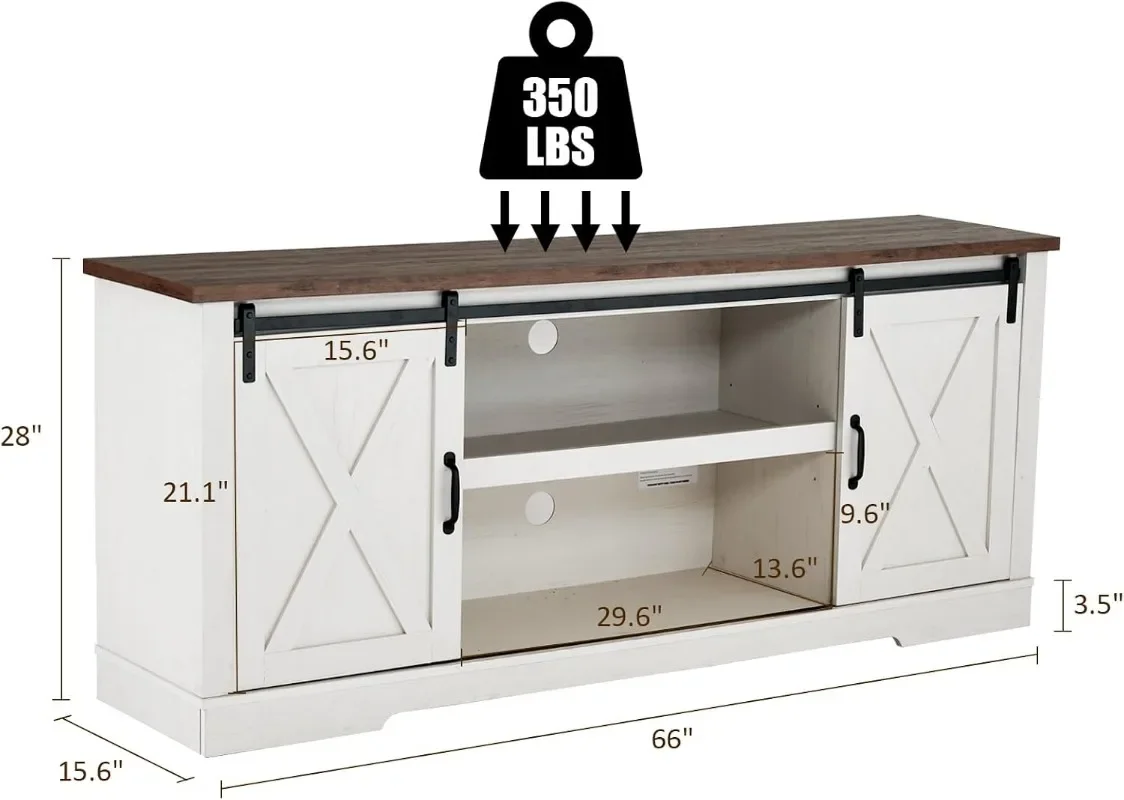 AMERLIFE 66” TV Stand for 65 Inch TV, Farmhouse Entertainment Center with Storage Cabinets and Adjustable Shelf & Feet
