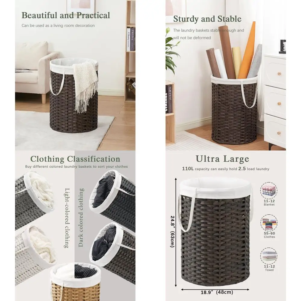 

Корзина для белья ручной работы из ротанга 29,1 галлона (110 л) с ручками, большая плетеная корзина, съемными вкладышами и 2 сетчатыми пакетами для дома St