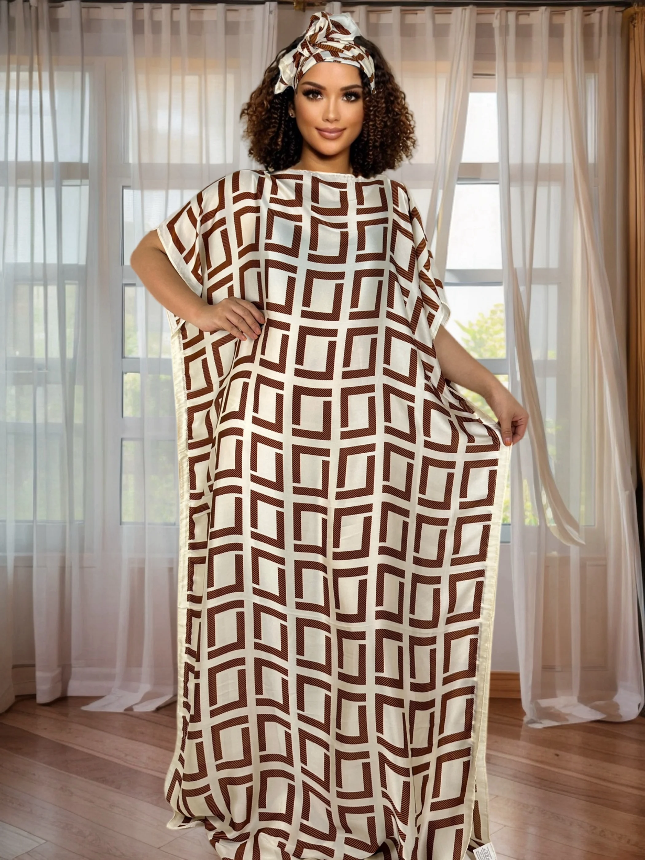 

African Print Abaya Holiday Party New Fashion Dress Elegant Oversized Kaftan with Headscarf