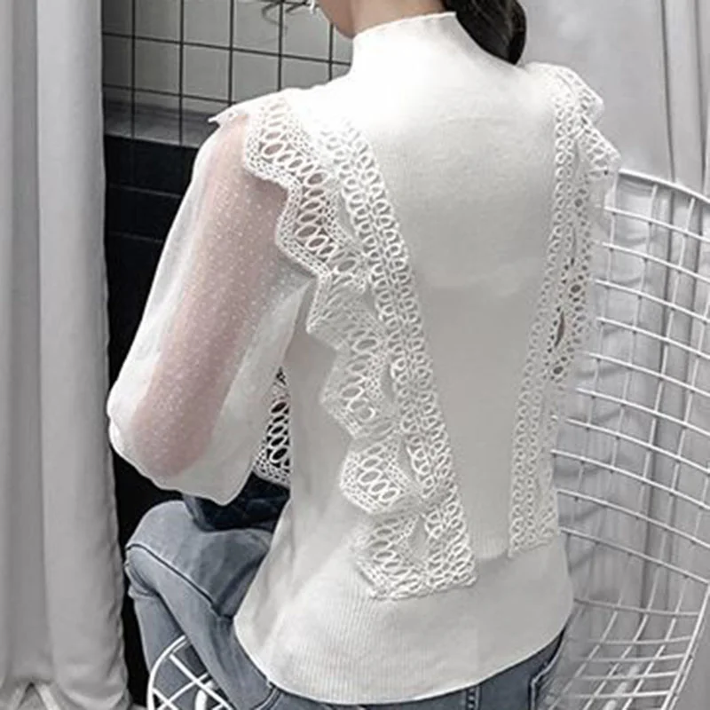 Sexy Lantern Long Sleeve Sweaters Women 2024 Spring Ruffles Spliced Knitting Jumpers woman Wild Slim Fit Ladies Tops