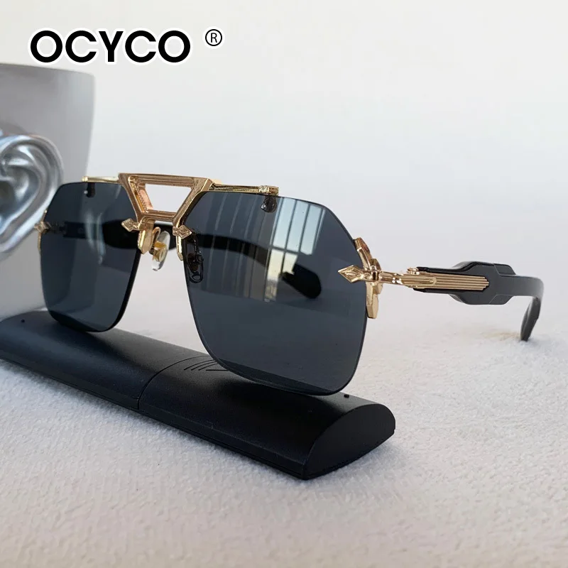 Steampunk Rahmenlose Piloten-Sonnenbrille für Herren, 2025, trendige Sonnenbrille mit doppeltem Träger-Design, UV400, übergroße Brillen mit Metallrahmen