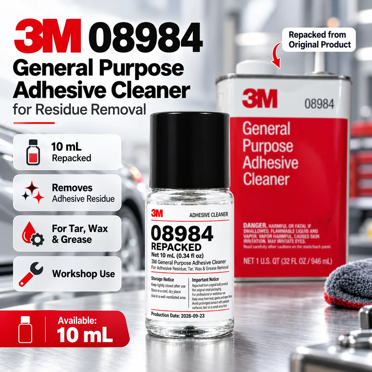 3M 08984 Adhesive Remover Cleaner 10mL Repacked Glue Sticker Residue Tar Wax Grease Remover for Car Auto Detailing Workshop