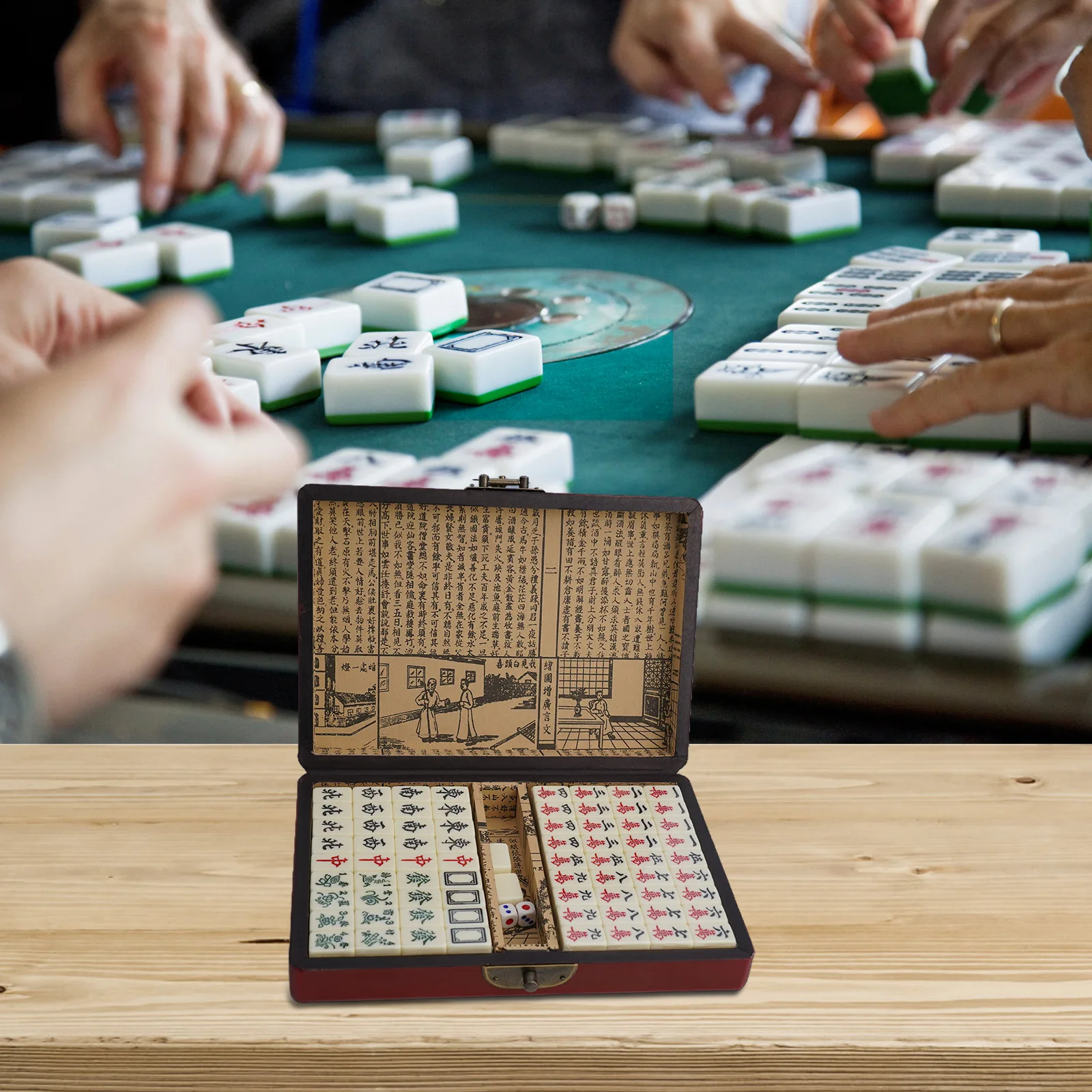 A Delightfully Compact Chinese Mah Jongg for tile Game Complete With An Elegant Wood Storage Box And Two Playing Pieces