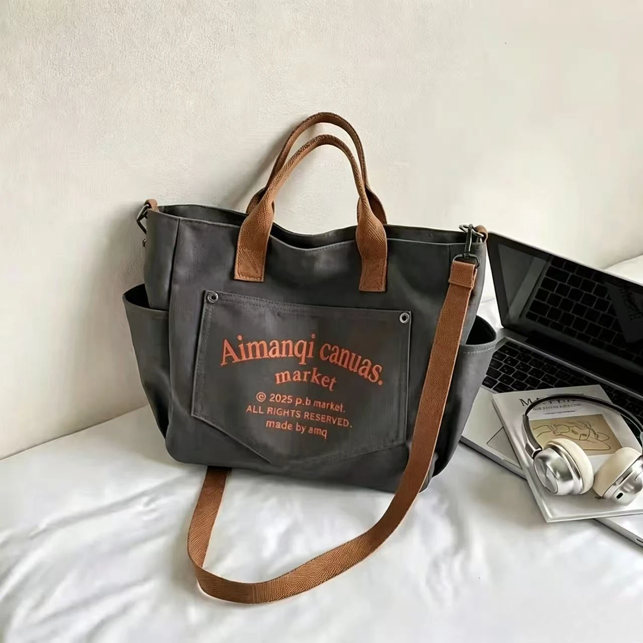 Umhängetasche für den täglichen Gebrauch, Tragetasche, Umhängetasche, Originaldesign, Tasche aus verstärktem Canvas, Nischenserie, lässiger Stil, Stofftasche. – Detail 8