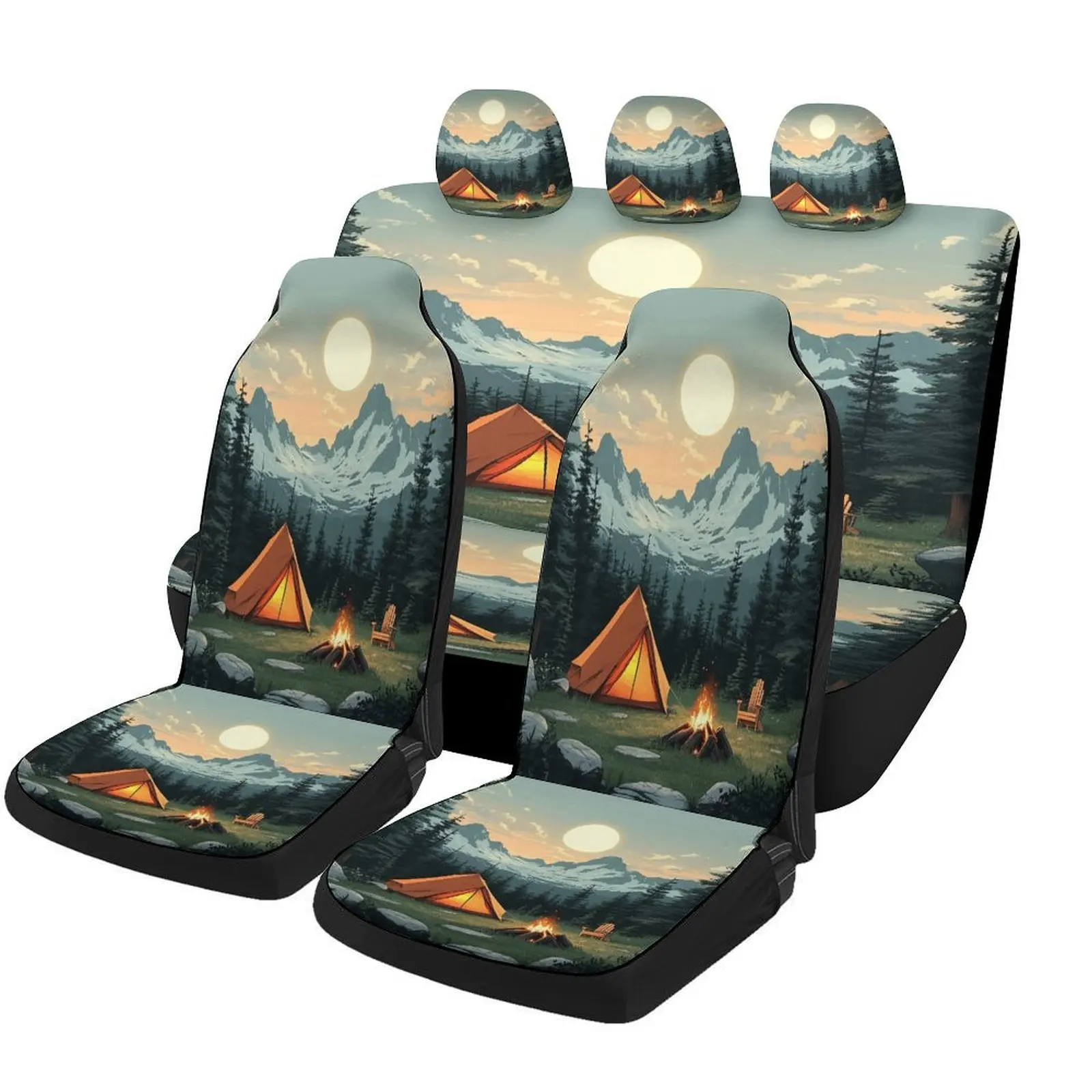 Mountain Campfire Night Themed Car Seat Cover Set For Most Cars, Trendy High-quality Car Seat Protector Covers Full Set, Univers