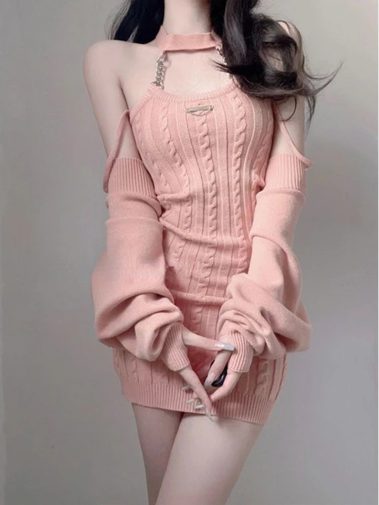 2023 Autumn Pink Knitted Suits Office Lady Casual Y2k Crop Tops + Mini Dress Korea Fashion Clothing Even Party 2 Piece Dress Set