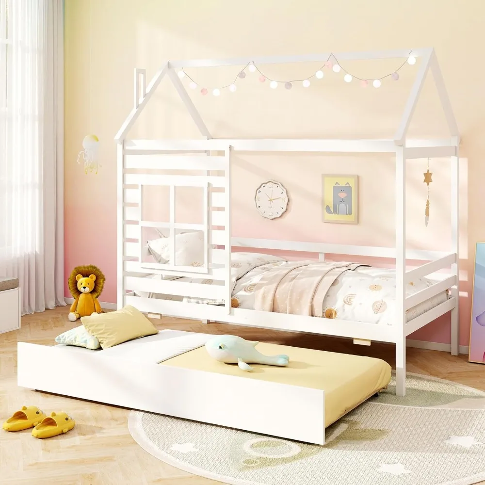 Cama doble con cama nido doble, marcos de cama doble de madera con techo, chimenea y ventana,