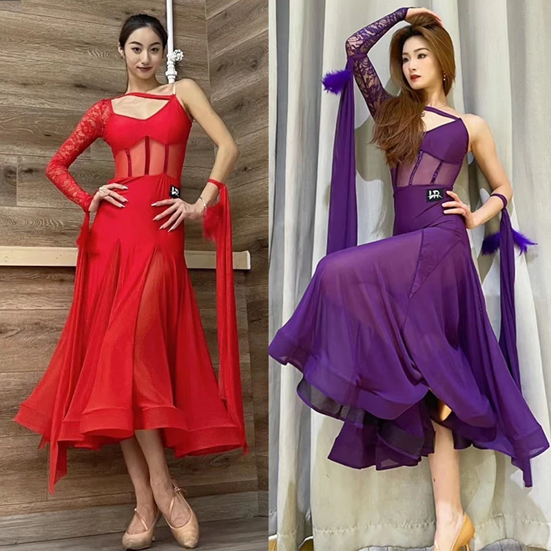 Red Purple Lace One-Sleeved Ballroom Dance Competition Dress Women Waltz Dance Costume Modern Dance Performance Clothes BL9858