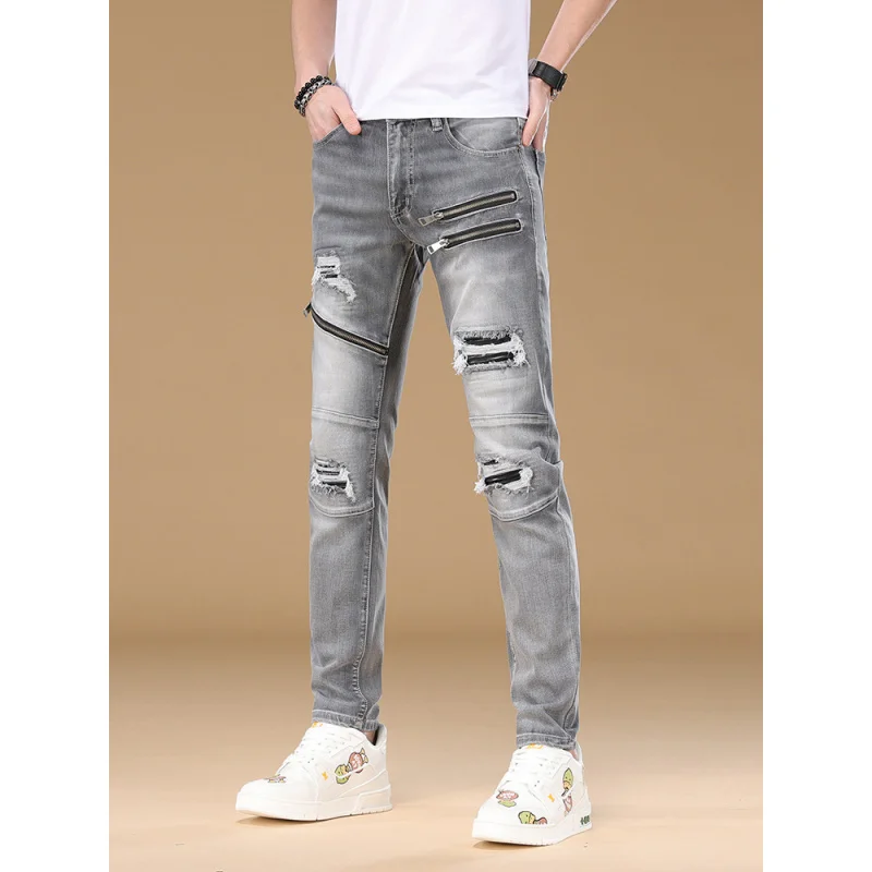 Celana Jeans Motor Pria Musim Semi Gugur 2025 Slim Fit Model Kaki Kecil Trendy Merk Fashion Personalized Panjang