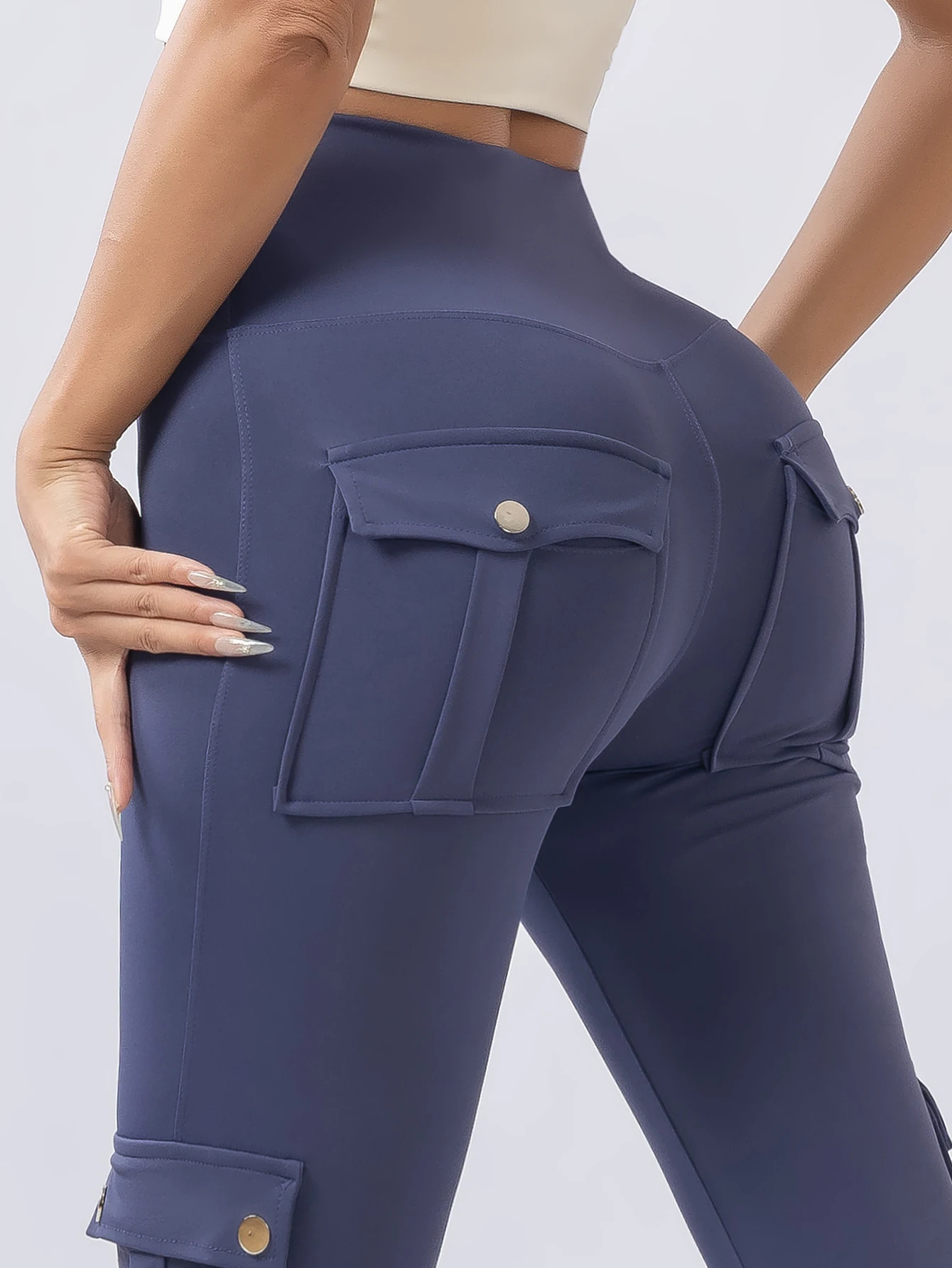 Women's pocket workwear pants waist-lifting hip-lifting nude elastic running quick-drying yoga women's pants sexy hip-lifting,