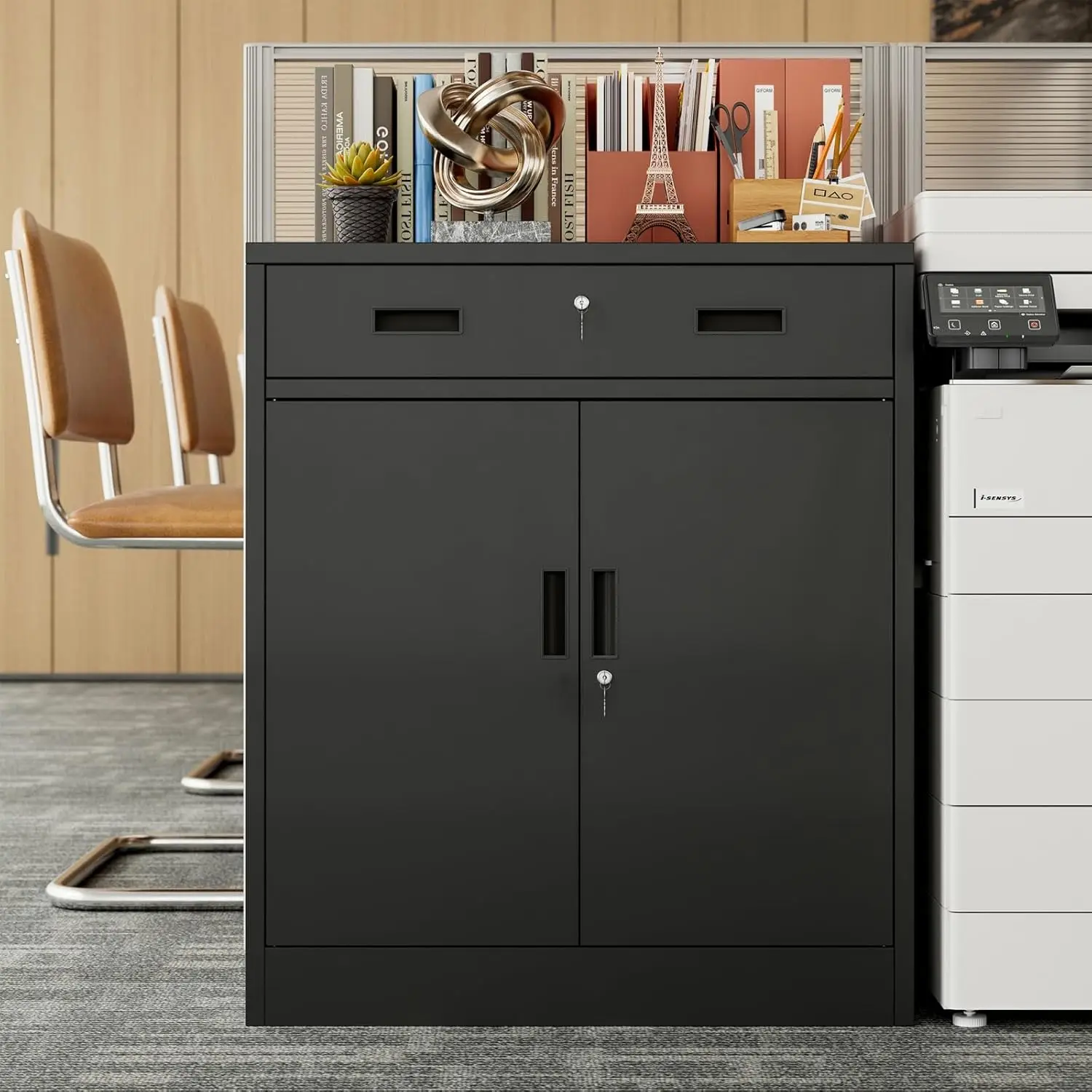 

Black Metal Storage Cabinet with Lock, 36" H x 27.5" W x 16" D, Garage Office Cabinet with Drawer & Adjustable Shelf