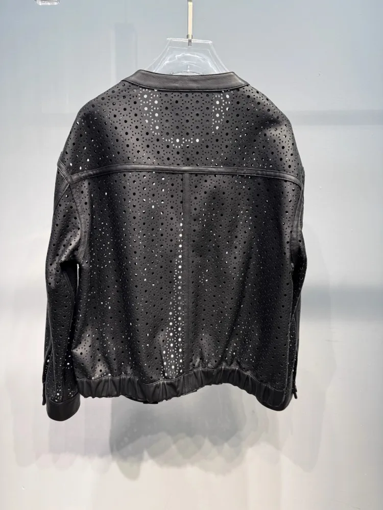 Vintage feminino outono oco para fora pele de carneiro jaqueta de couro genuíno único breasted o pescoço solto ajuste designer festa casaco outerwear