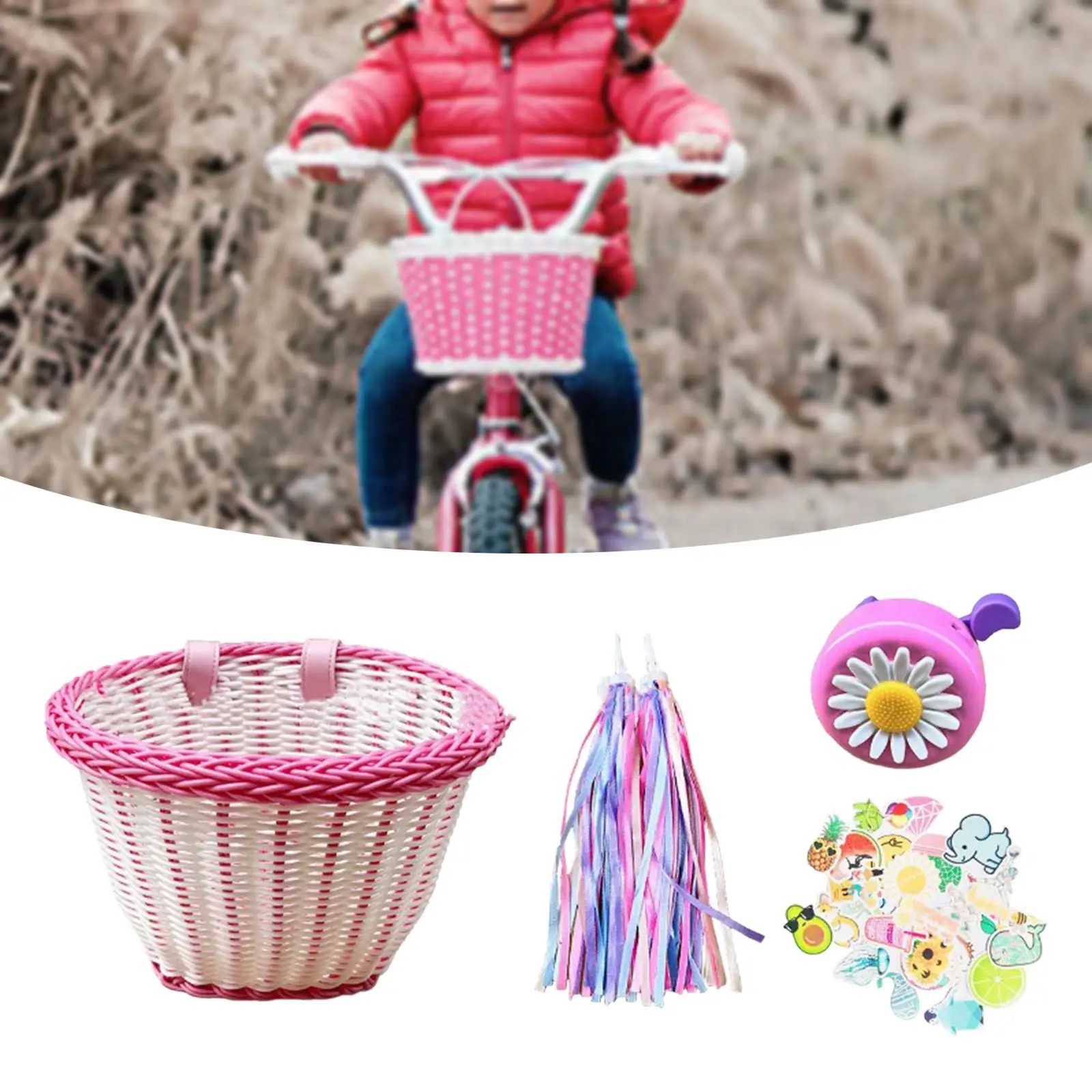 Kids Bike Decoration Basket Horn Bell and Stickers Practical Bike Basket Front Cargo for Kids\' Bike Girls Scooter Boys Outdoor