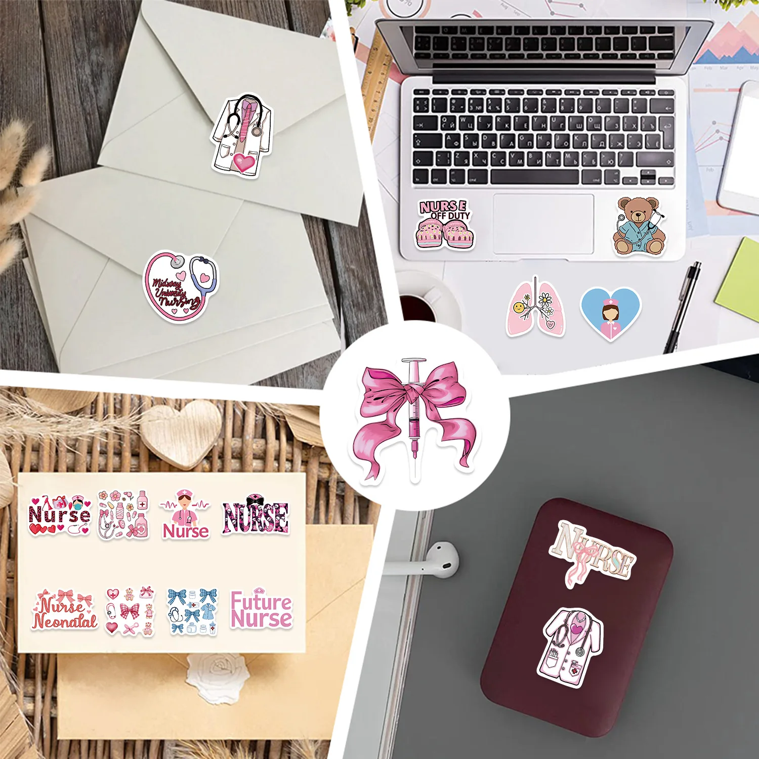 50 PCS Pink Bow Nurse's Day Graffiti Stickers Guitar Notebook Stationary Box Luggage DIY Waterproof Decoration Stickers