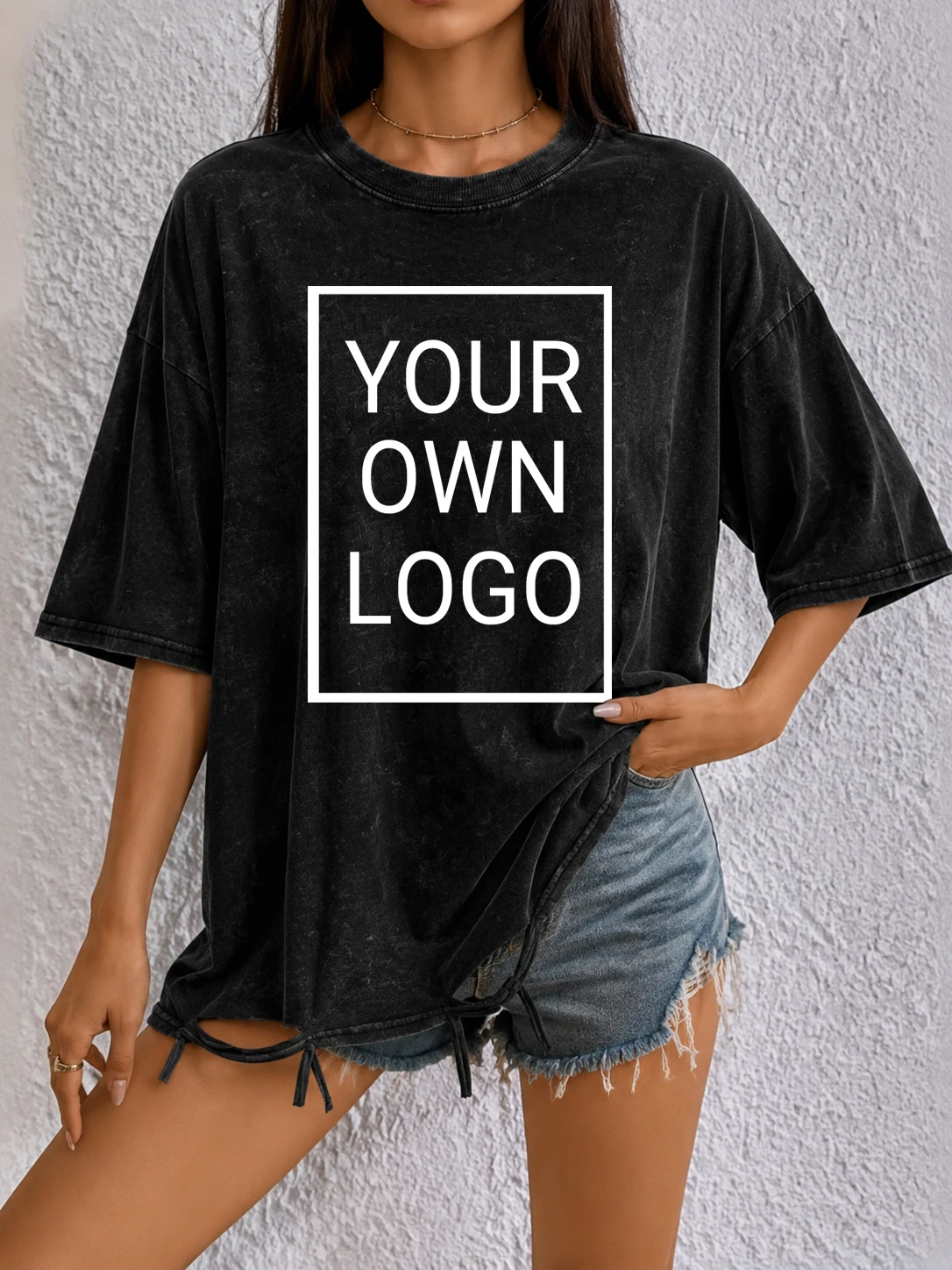 Custom Picture Personliazed Logo DIY Womens Hole Washed T-Shirt Cotton Summer T Shirts O-Neck Clothing Y2K Party Loose Tops