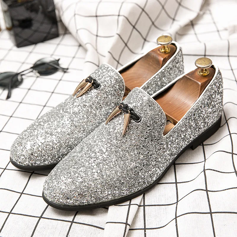 Italian Luxury Glitter Loafers Shoes Mens Silver Sequin Shoes Plus Size 46 Dress Weddings Shoes For Men  Pointed Toe Formal Shoe