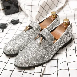 Italian Luxury Glitter Loafers Shoes Mens Silver Sequin Shoes Plus Size 46 Dress Weddings Shoes For Men  Pointed Toe Formal Shoe