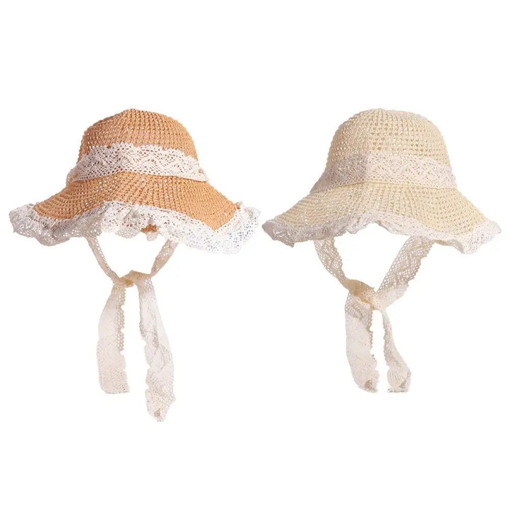 Foldable Pastoral Style Women Straw Hat Spring Summer Lace Big Brim Sun Hat Beach Travel UV Protection Cap Female