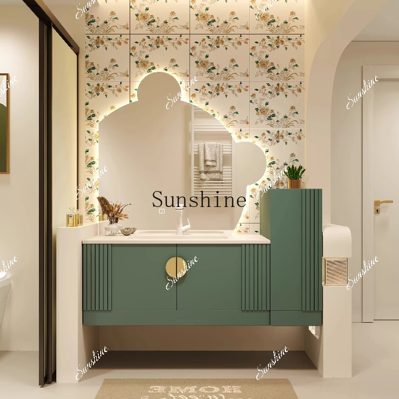 Light luxury rock slab solid wood green bathroom cabinet combination modern seamless washstand  FT
