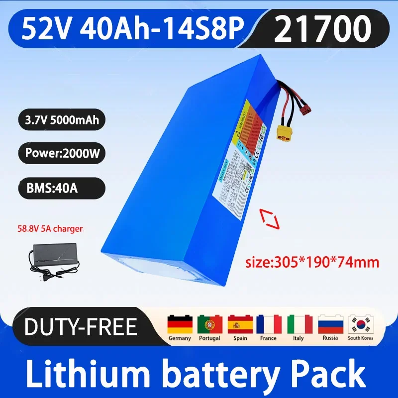 New 52V 40Ah 21700 14S8P lithium battery pack, built-in BMS 40A 2000W motor high-power rechargeable battery+5A charger