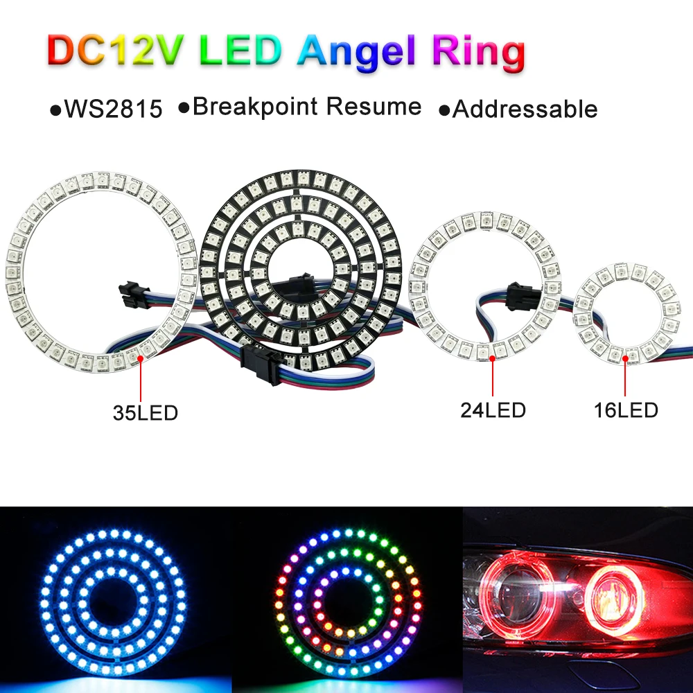 

WS2815 DC12V LED Angel Ring Breakpoint Resume Individually Addressable 4Pin Pixels Round Module 5050 RGBIC Car Daytime Light