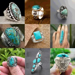 Women's Ring Bohemia Retro Geometry Natural Turquoise Ring silver Color Inlaid Flower ring Women's Party Jewelry Accessories