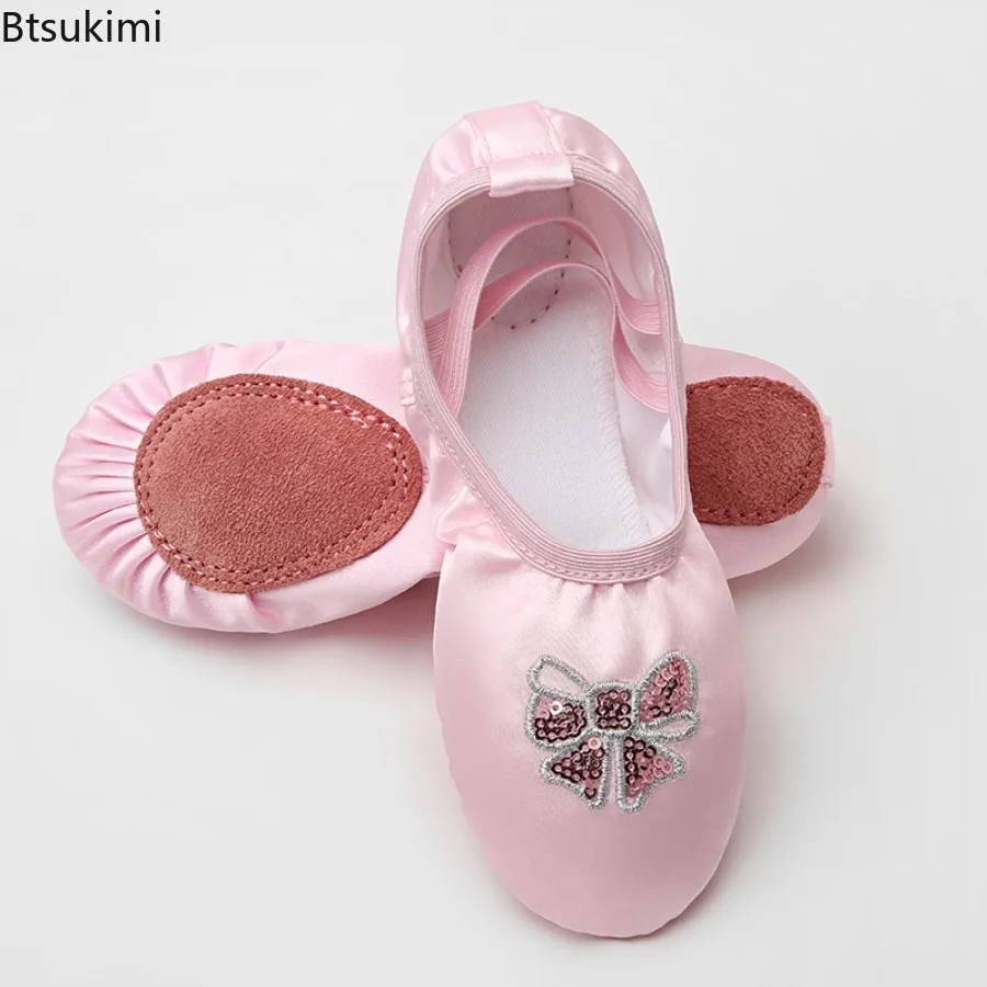 

2025 Girls Ballet Shoes Kids Bow Ballet Slippers Soft Soled Dance Shoes Shiny Sequins Ballet Stage Performance Practice Shoes