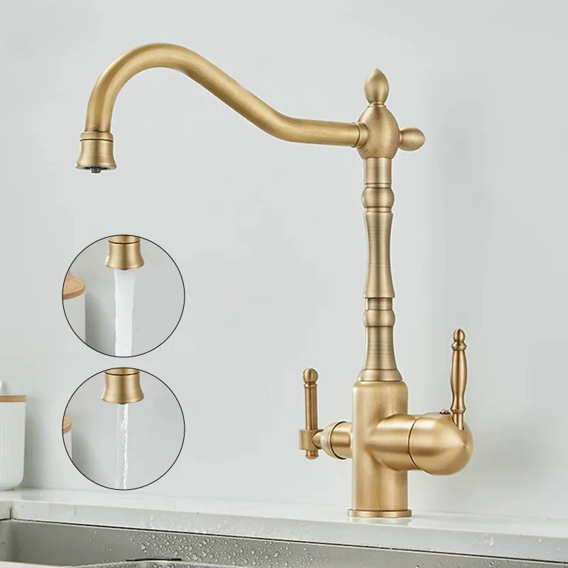 Brass Antique Light Luxury Three-in-One Pure Water Faucet Household Sink Wash Basin Hot and Cold Water Faucet Splash-Proof E1489