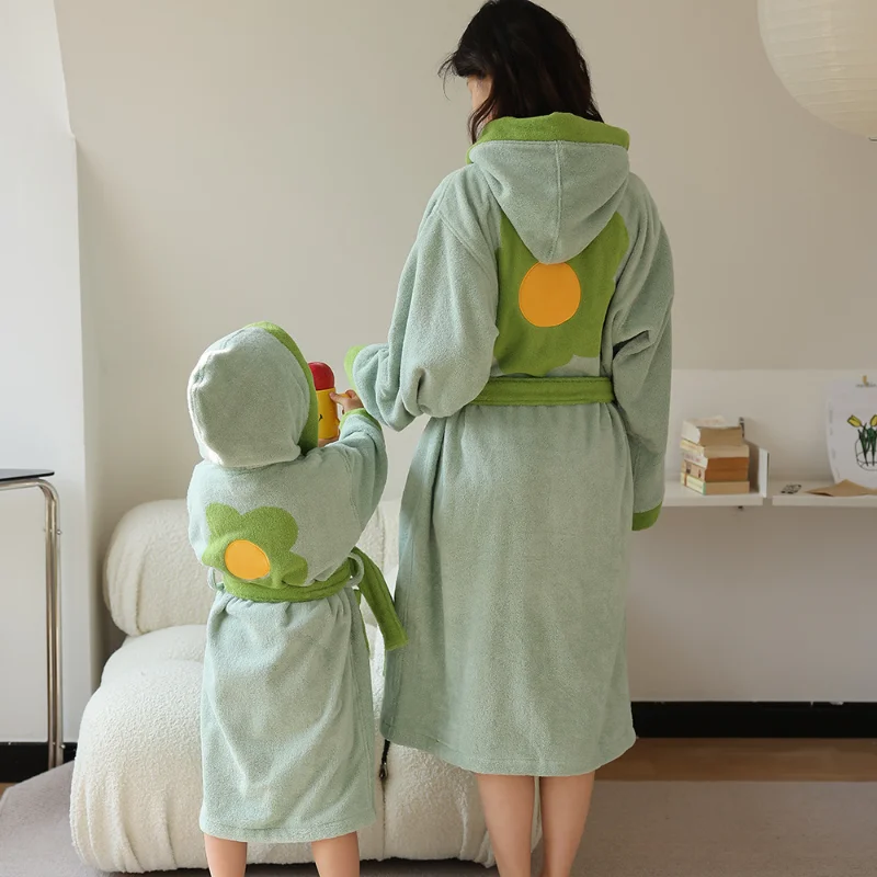 Sunflower Parent-child Bathrobe Pure Cotton Absorbent Nightgown with Hood Lace Up Children's Adult Sleepwear Loungewear