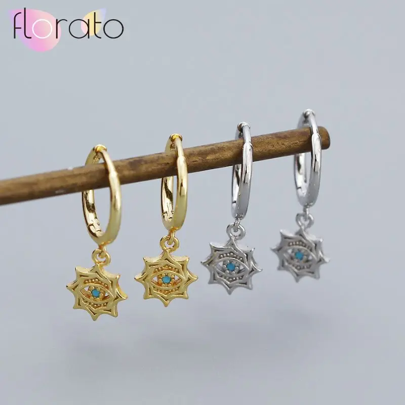 

925 Sterling Silver Needle Retro Classic Eight-Ray Star Demon Eye Zircon Circle Earring Pendant Women Fashionable Street Jewelry