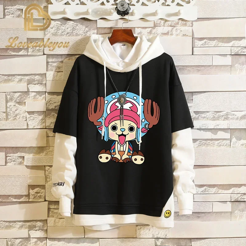 Anime One Piece Luffy Ace Sportswear Sweatshirts Top Fake Two Piece Cosplay Costumes Hoodie Women Men