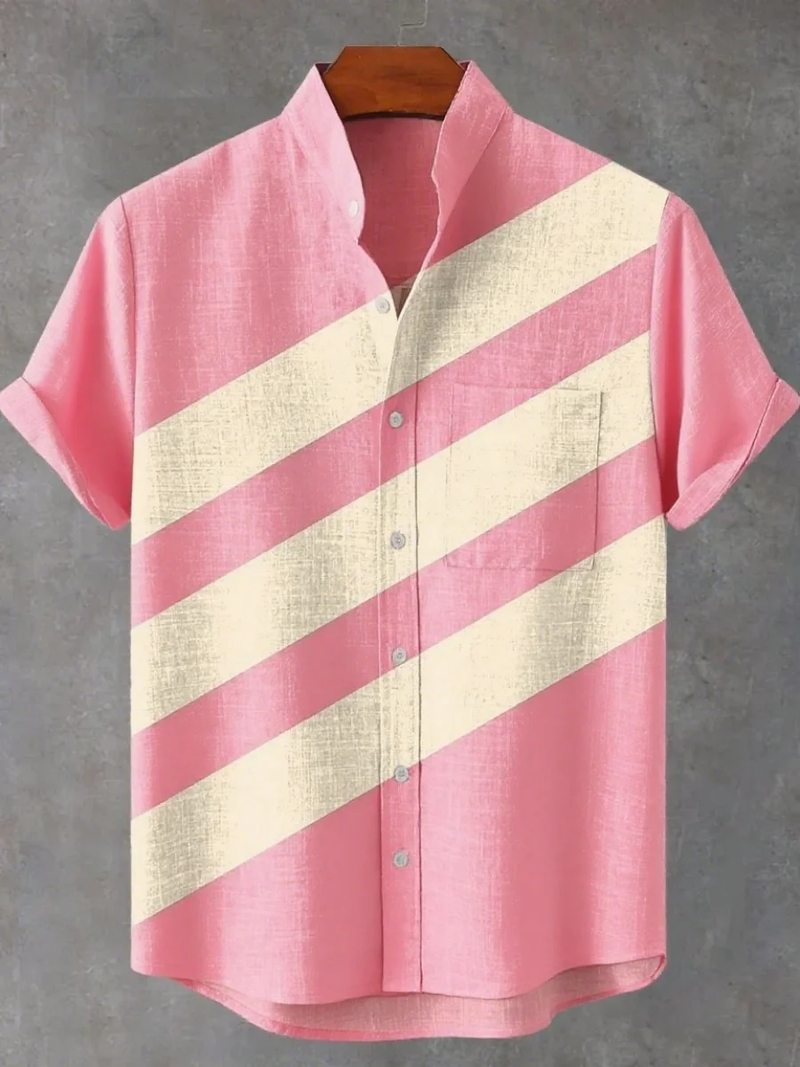 

The 2025 new men's striped linen short-sleeved shirt features comfortable fabric and high-quality buttoned collar.
