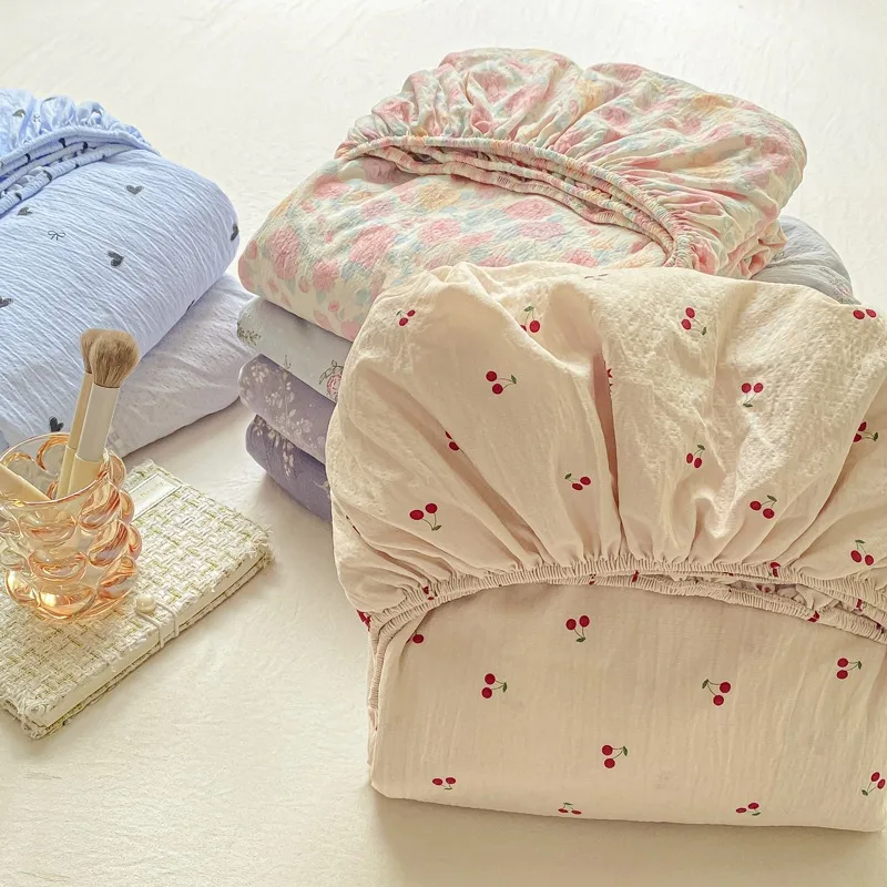 Soft Summer Fitted Bed Sheet with Elastic Band Cute Cherry Floral Single Double Queen Size 90/120/150/180/200 Bed Cover