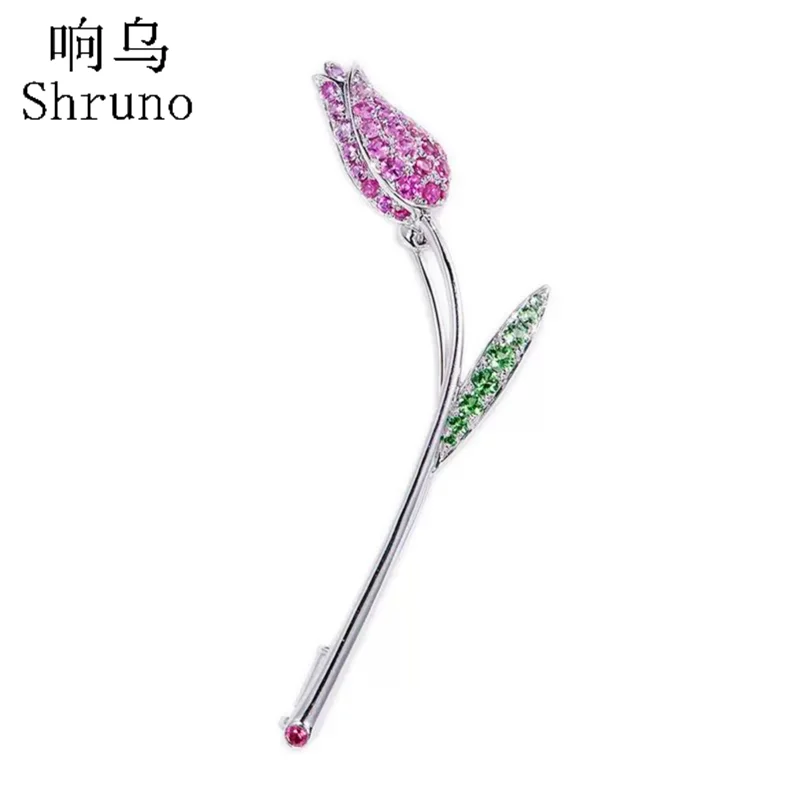 Shruno Solid 18K White Gold Tulip Flower Pink Sapphire Brooch Real Tsavorite Anniversary Personality Fashion Jewelry Handcrafted