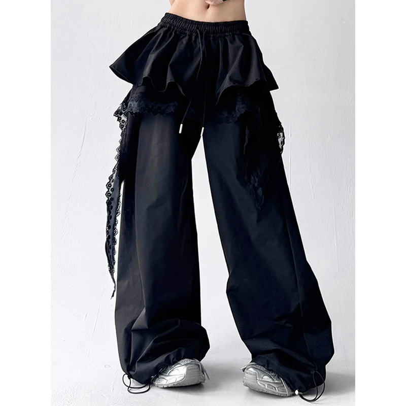 Y2K Black Cargo Pants Women Streetwear Lace Patchwork White Wide Leg Pants Summer Gyaru Harajuku Korean Baggy Trousers New