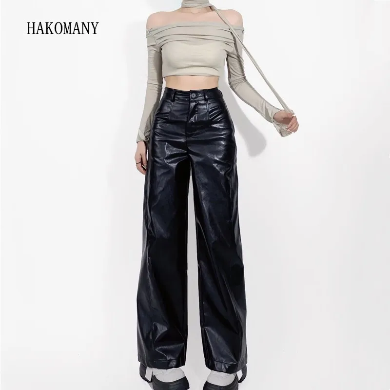 

2023 Woman High Waist Loose Long Straight Trousers Brown American Retro Matte Black Wide Leg PU Leather Pants