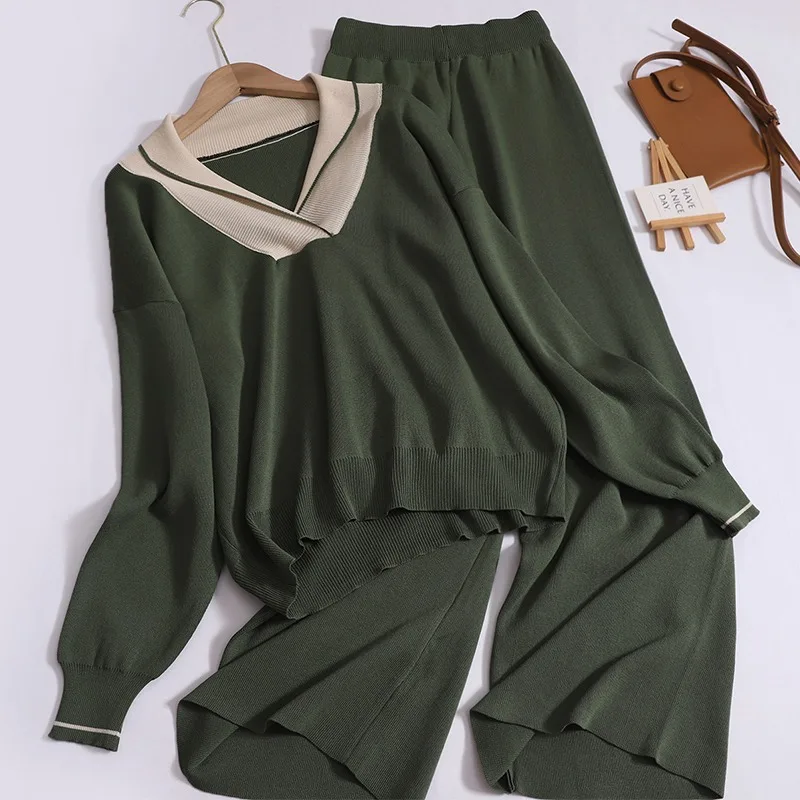 Autumn Design V-neck Sweater Women Pullovers Loose Fake Long-sleeve Bottoming Shirt High Waist Trousers Women Two-piece Sets