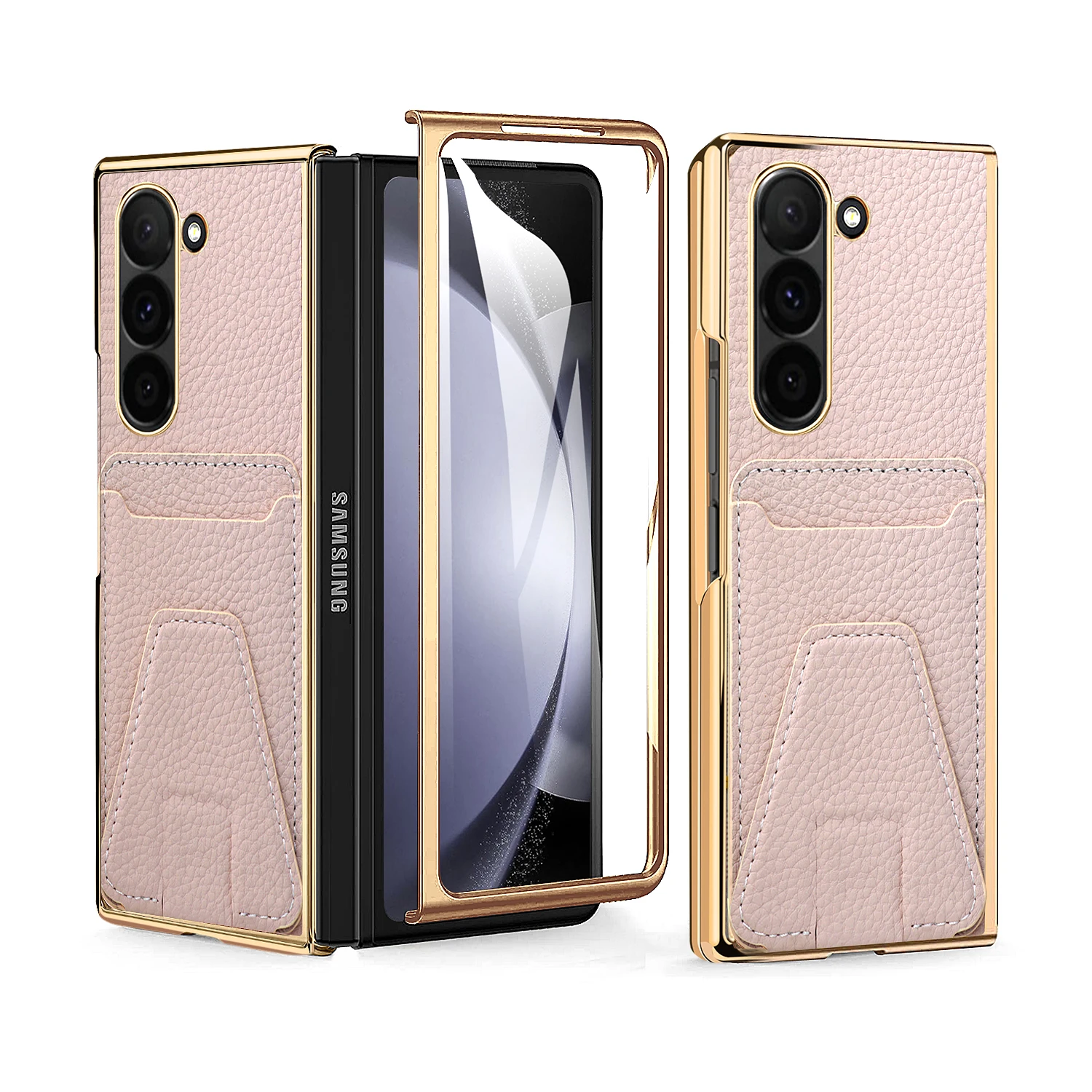 

VIETAO Mobile Cover For Galaxy Z Fold 6 With Card Slot, Pebble Leather Phone Case Z Fold 6 Case With Front Glass Protector, Pink